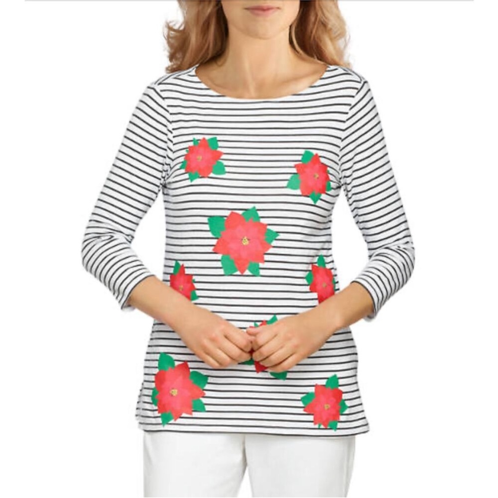 Ruby Rd. Striped Poinsettia Top Boat Neck Holiday Christmas Size Small